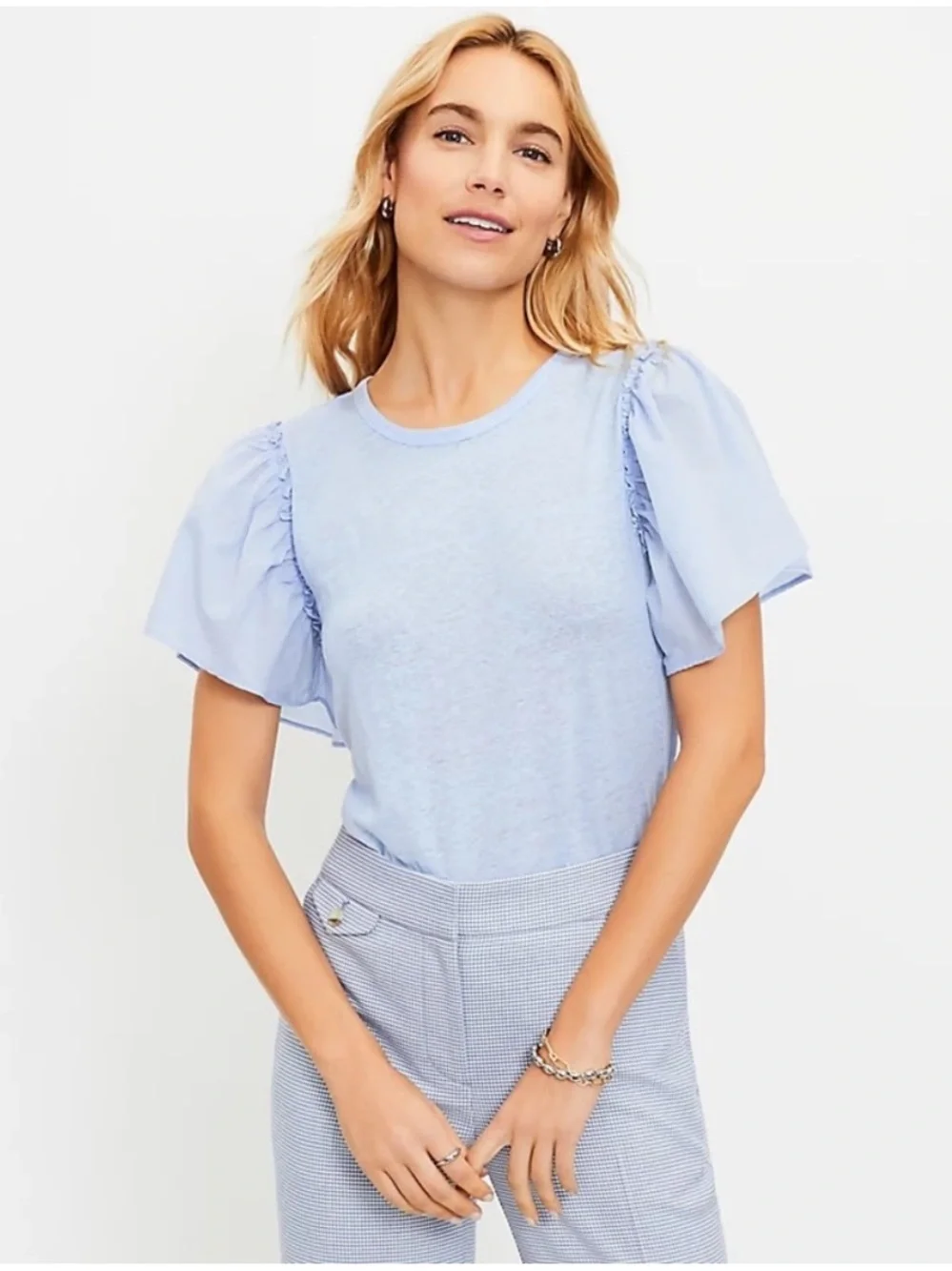 LOFT Linen Blue Ruffle Puff Sleeve Top Size Medium Petite Casual Summer Blouse